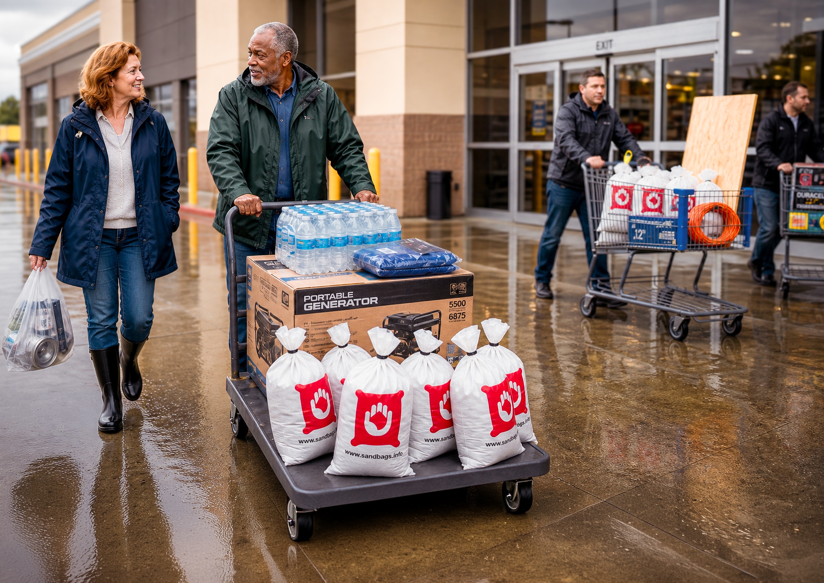 Customers with full storm‑prep carts checking out
